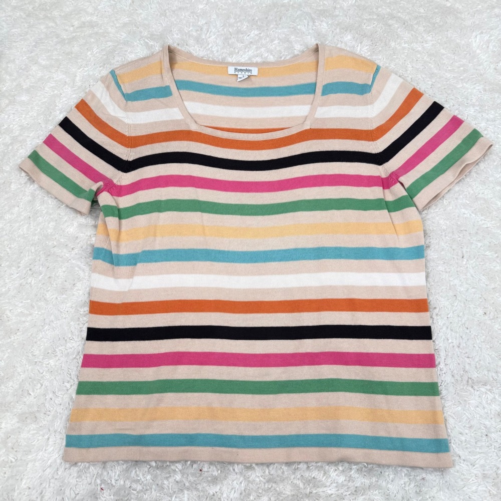 Hampshire Women's L Striped Knit Top Short Sleeve Square Neck Colorful Cotton